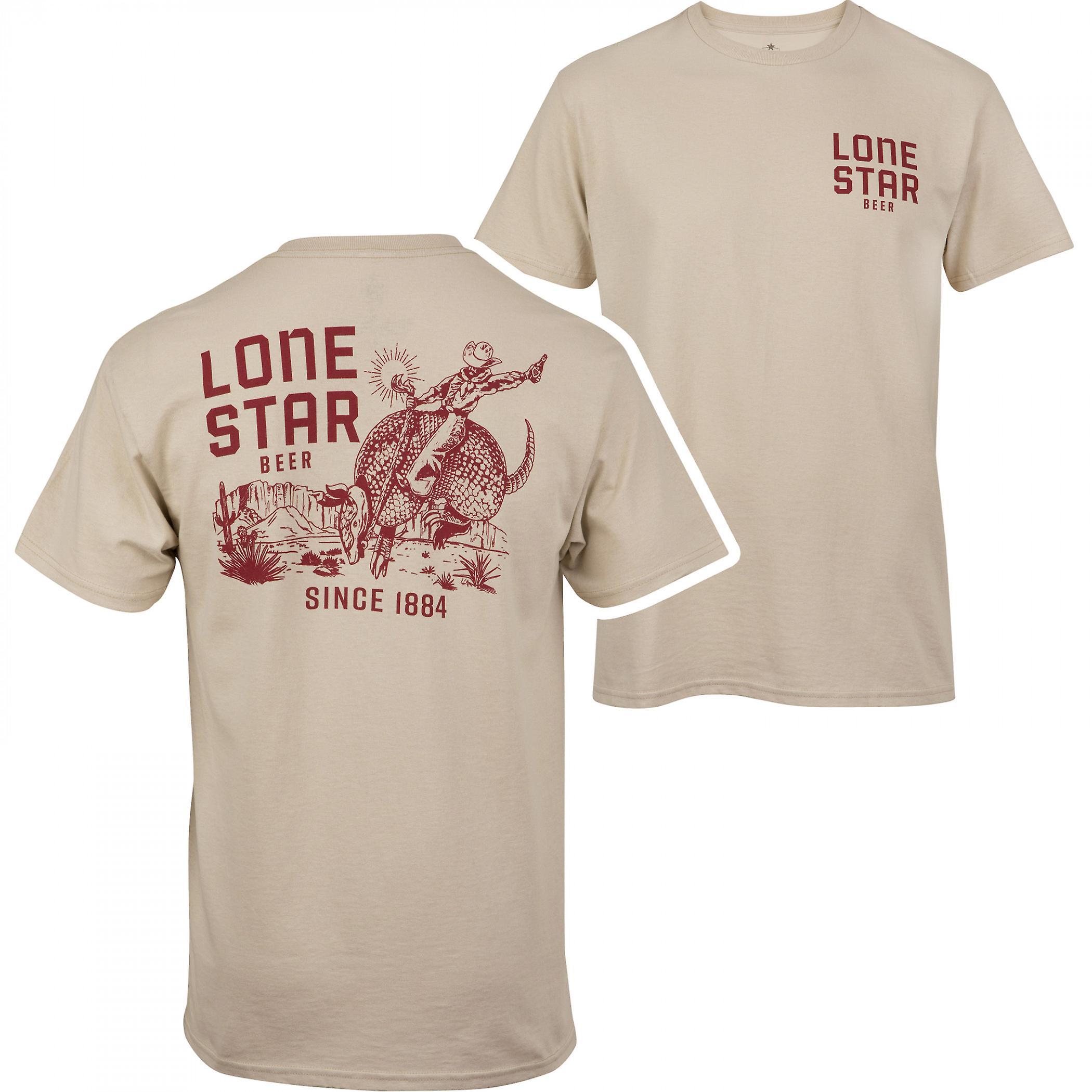 Beers Lone Star Beer Armadillo Riding Front and Back Print T-Shirt Beige Large