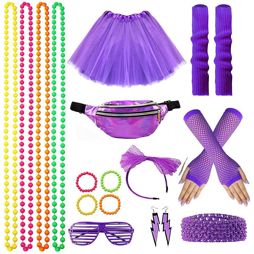 Besser Women 80s Fancy Dress Accessories Vintage Party Costume Set Tutu Skirt Neon Fishnet Gloves Beaded Necklace Bracelet Purple