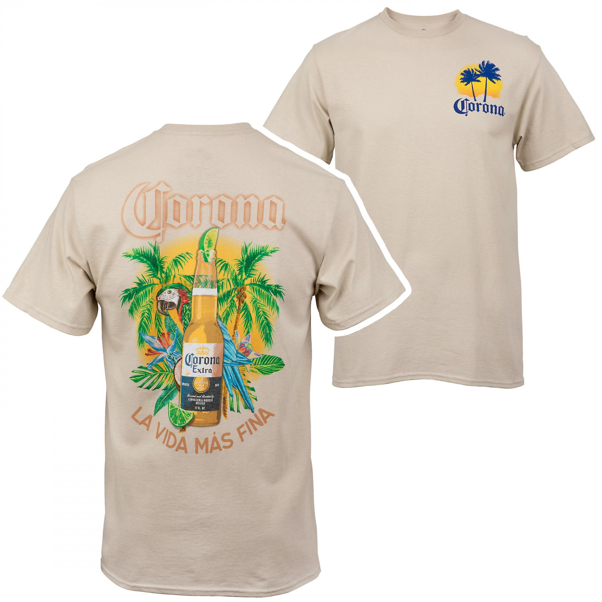 Beers Corona Extra La Vida Mas Fina Bottle Front and Back Print T-Shirt Beige Medium