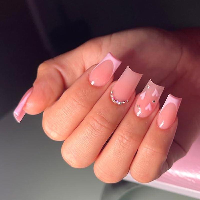 Baiccf 24Pcs Valentines Press on Nails Medium Pink Heart Coffin Fake Nails French Tip Acrylic Nails Press ons Valentine's Day Stick Glue on Nails