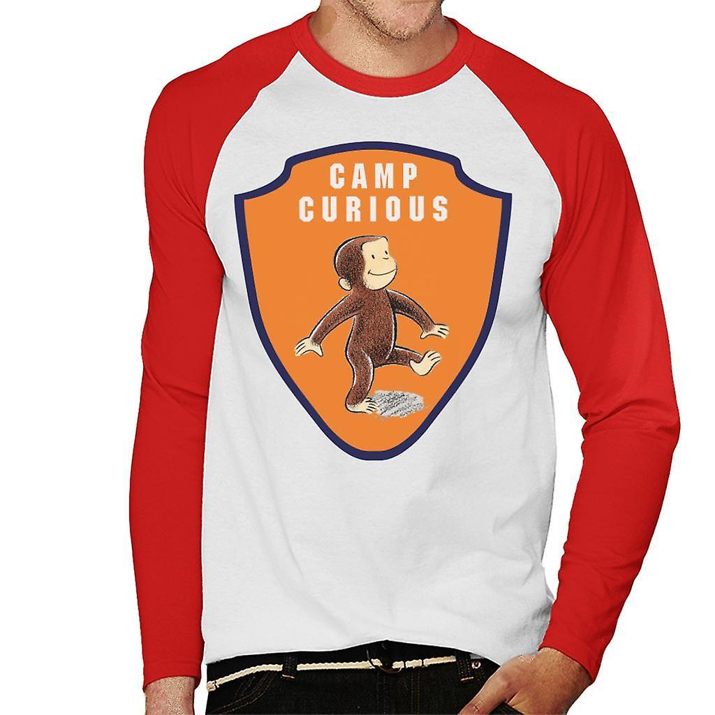 Curious George Camp Badge Men's Baseball Long Sleeved T-Shirt White/Red Large