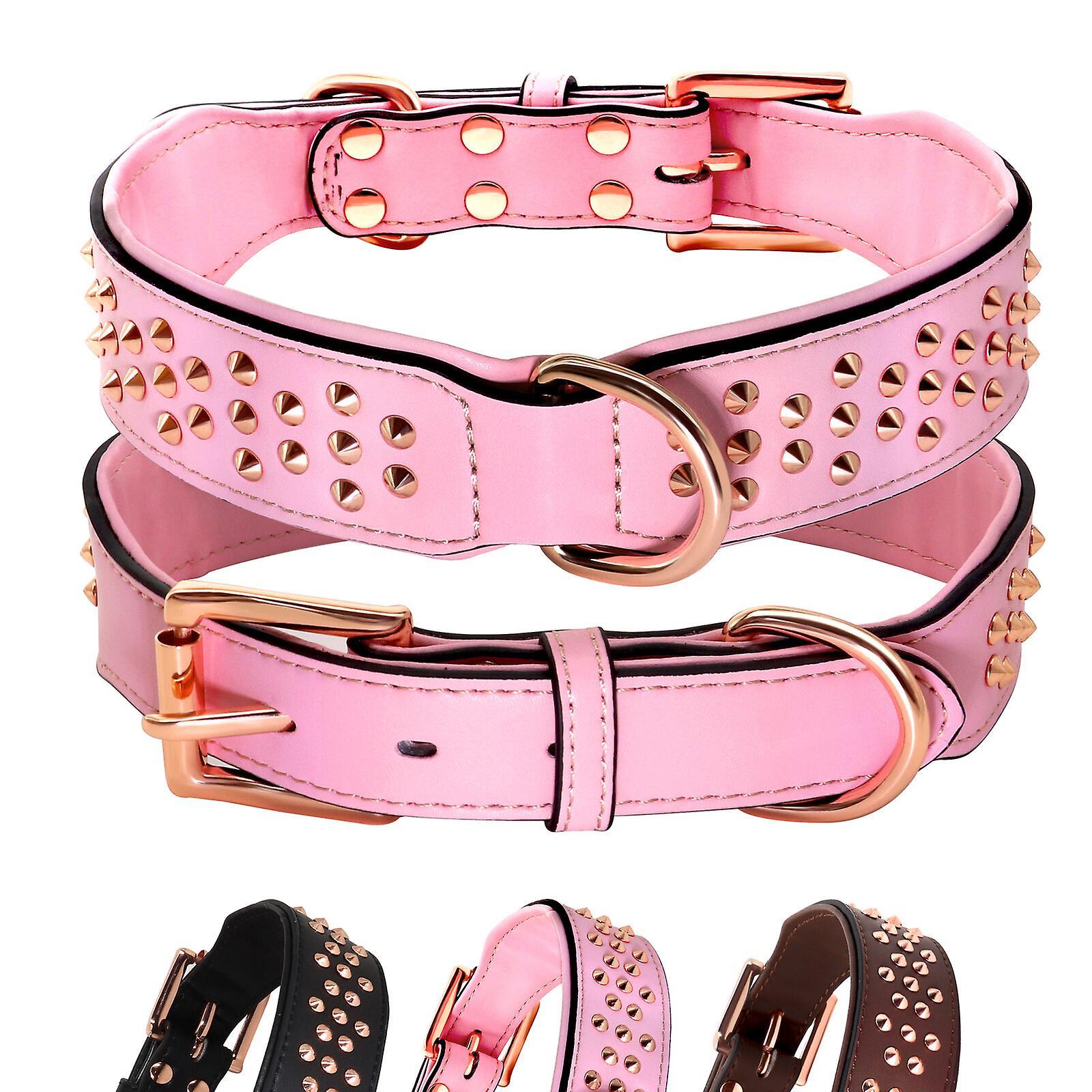 Didog Soft Leather Pet Dog Studded Collars 4cm Wide Adjustable for Medium Large Dogs Pink M:Neck 45-52cm