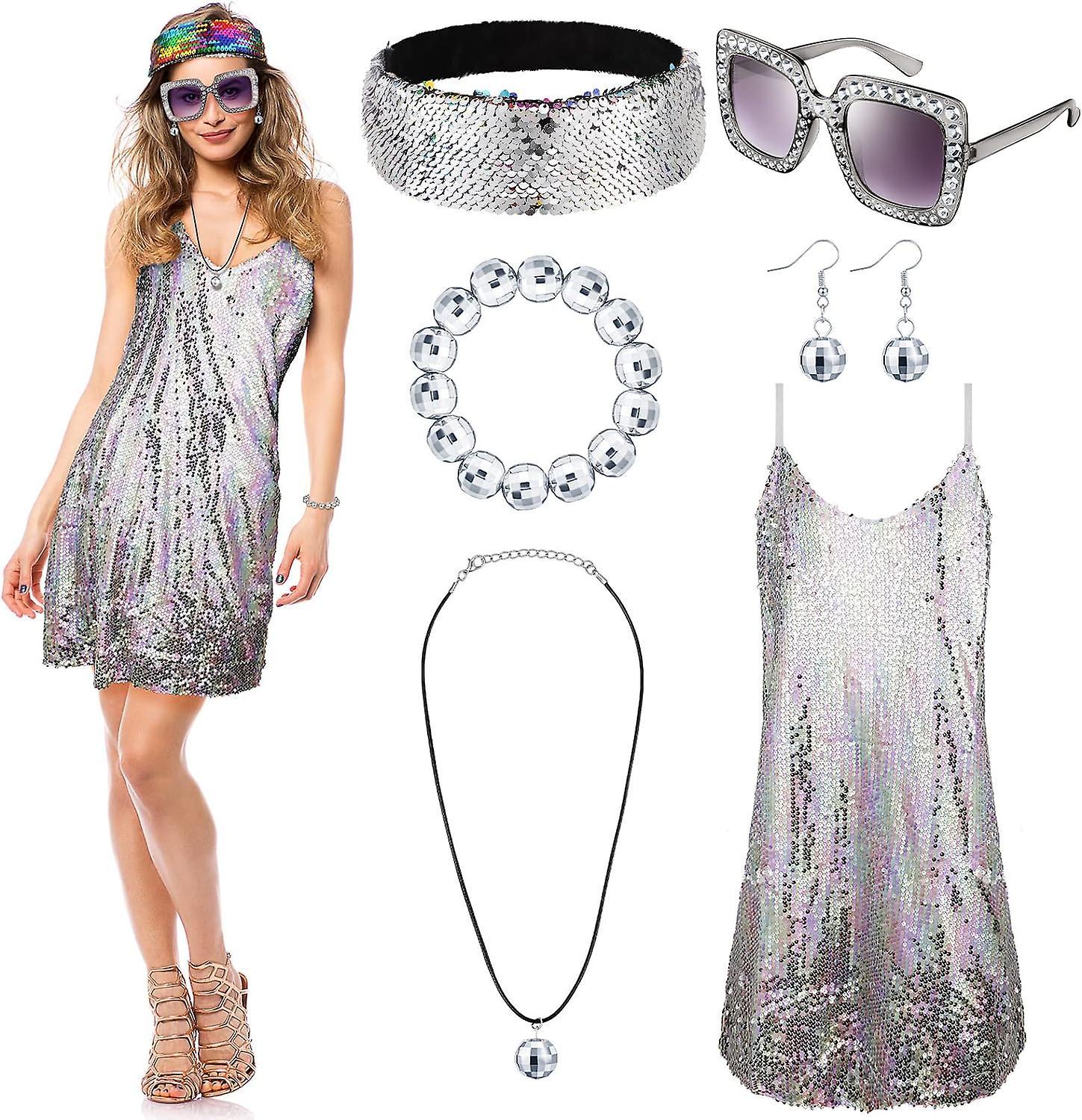 Morakot 6 Pcs 70s Disco Costume Women Disco Costume Outfit, 70s Dance Dress Headband Disco Ball Earrings Necklace Bracelet Sunglasses pink Large