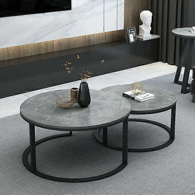 Unho Set of 2 Real Marble Round Nesting Coffee Table Grey Side End Table Accent Table