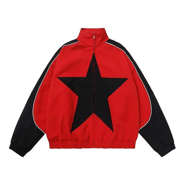 Coats Spring Bomber Jacket Men Women Vintage Star Pattern Harajuku Y2k Windbreaker Coat Streetwear Zipper Patchwork Outerwear Unisex Red M 47-53kg