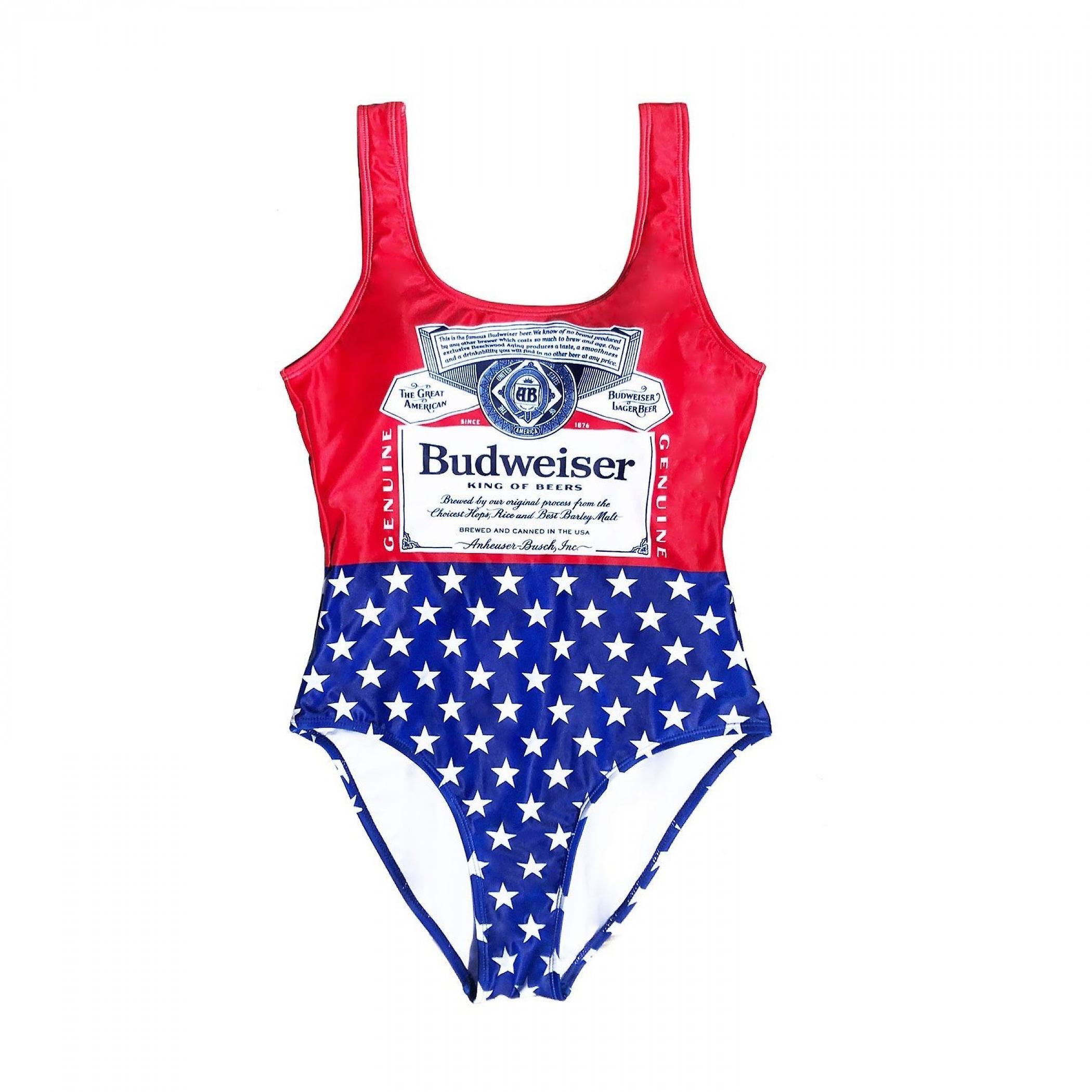 Beers Budweiser Bottle Label and Stars Women's One-Piece Swimsuit Multi-Color Medium