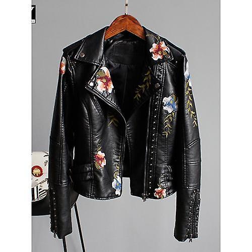 Barsinfi Floral Print Embroidery Faux Soft Leather Jacket Women Pu Motorcycle Coat Female Black Punk Zipper Rivet Outerwear S