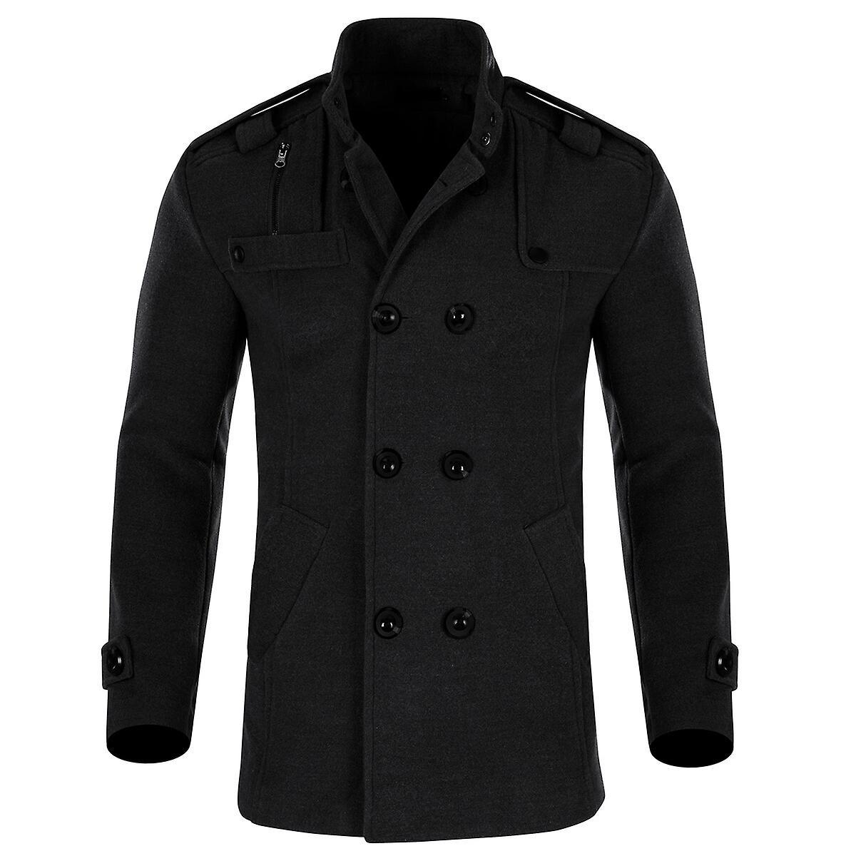 Sliktaa Mens Woolen Coat Double Breasted Slim Fit Thermal Coat Black M