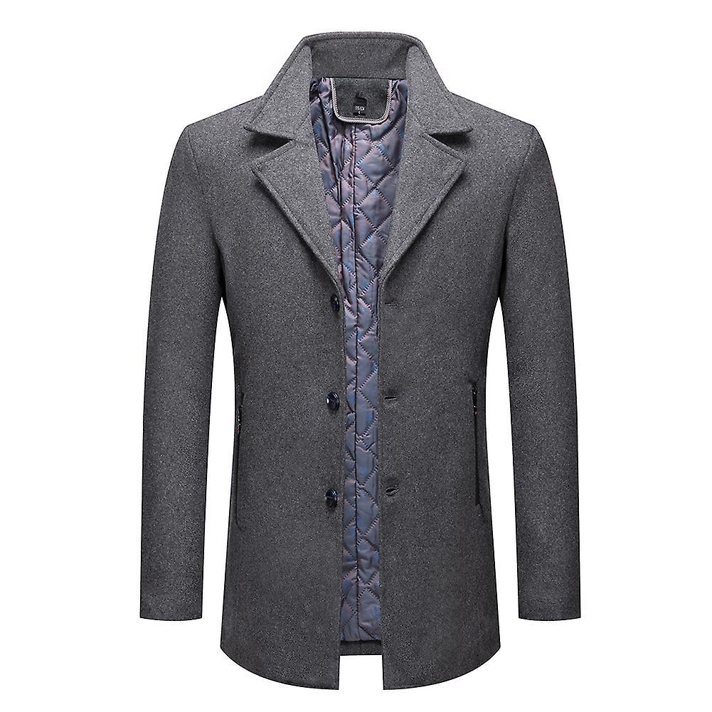 Allthemen Mens Woolen Solid Color Button Down Overcoat Gray M