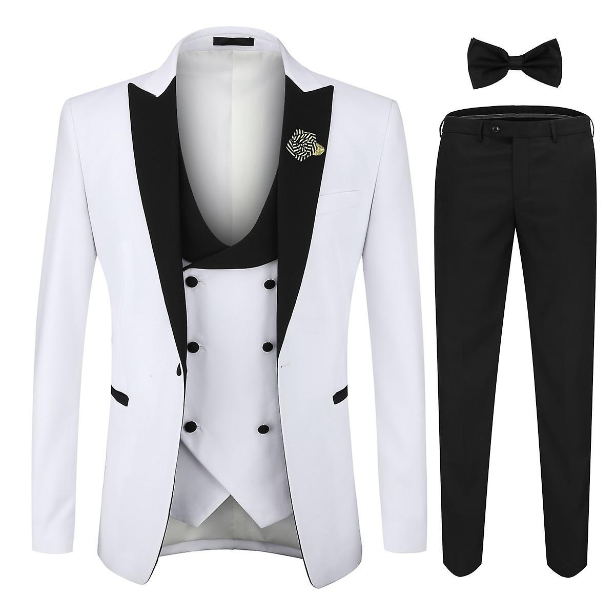 Allthemen Men's 3-Piece Suit Slim Fit Peaked Lapel Wedding Prom Blazer Vest Pants White XL