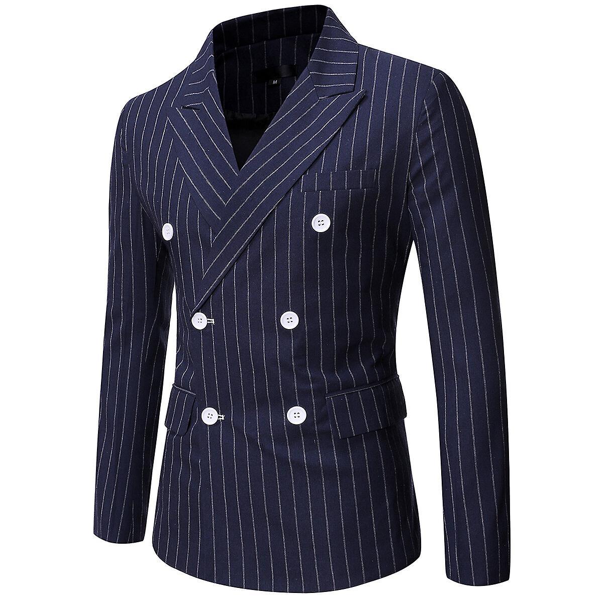 Allthemen Mens Casual Lapel Striped Double-breasted Suit Jacket Navy Blue L