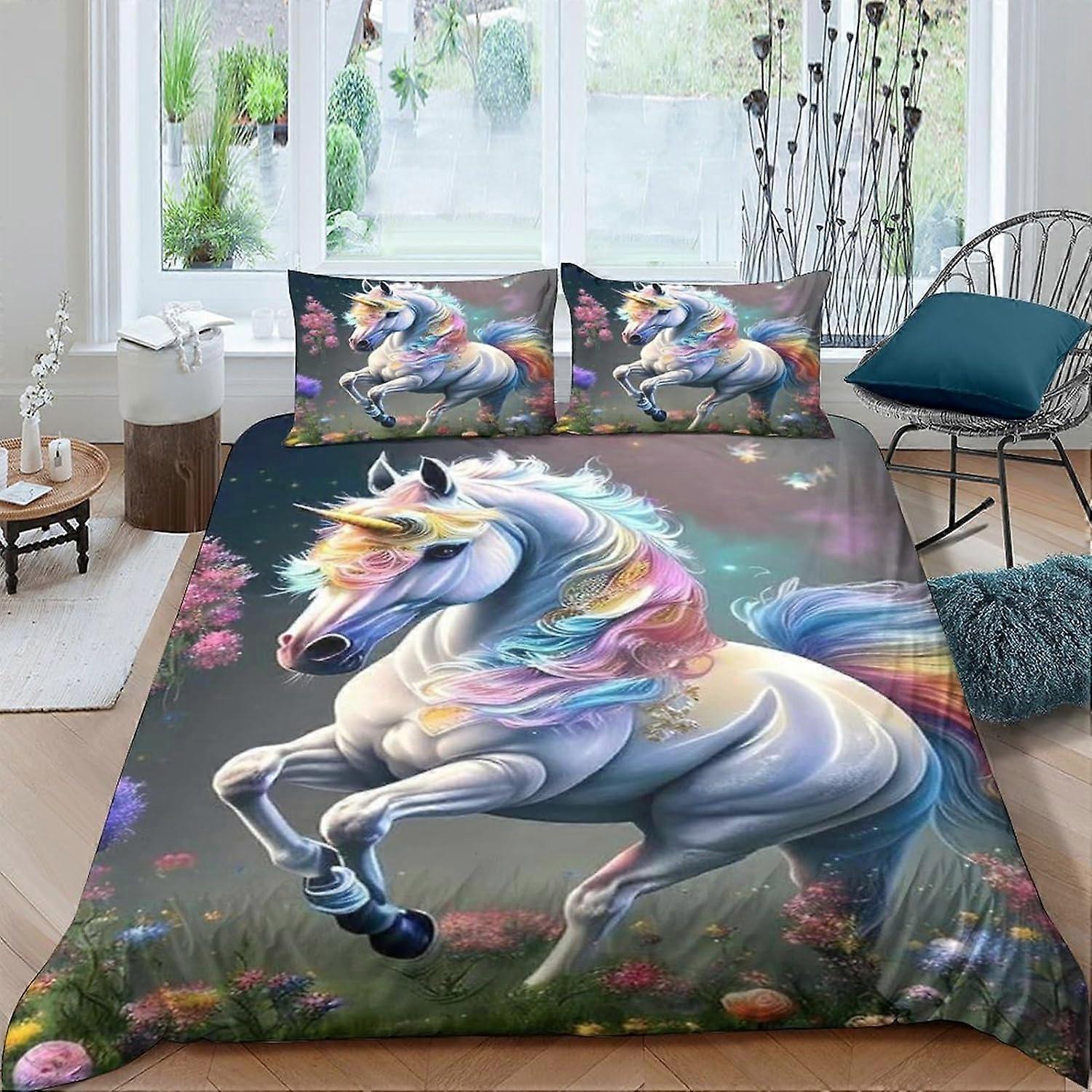 Kerota Bedding Set Unicorn Pattern Duvet Cover D, Microfiber Bedding Super Soft and Breathable Unicorn Duvet Cover with Pillowcases (Double 135*200...