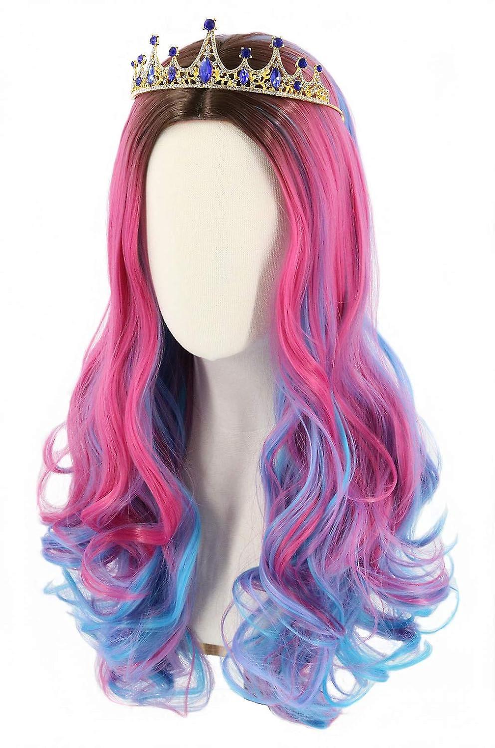 JUSCH Wekity Audrey Wig and Crown for Kids Girls Long Wavy Pink Blue Wig,WZ-1251R pink/blue