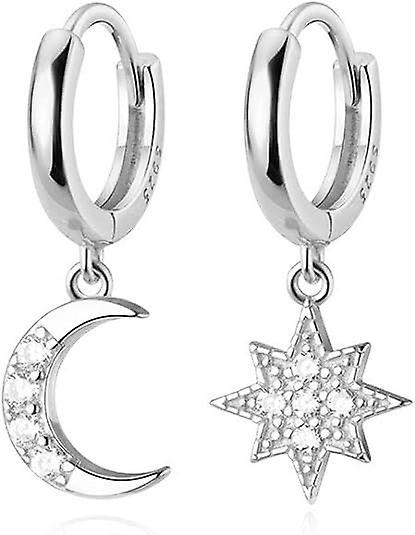 Heyone Solid 925 Sterling Silver Star Moon Hoop Huggie Earrings Drops For Women Girls Crystal Moon Star Dangle Earrings