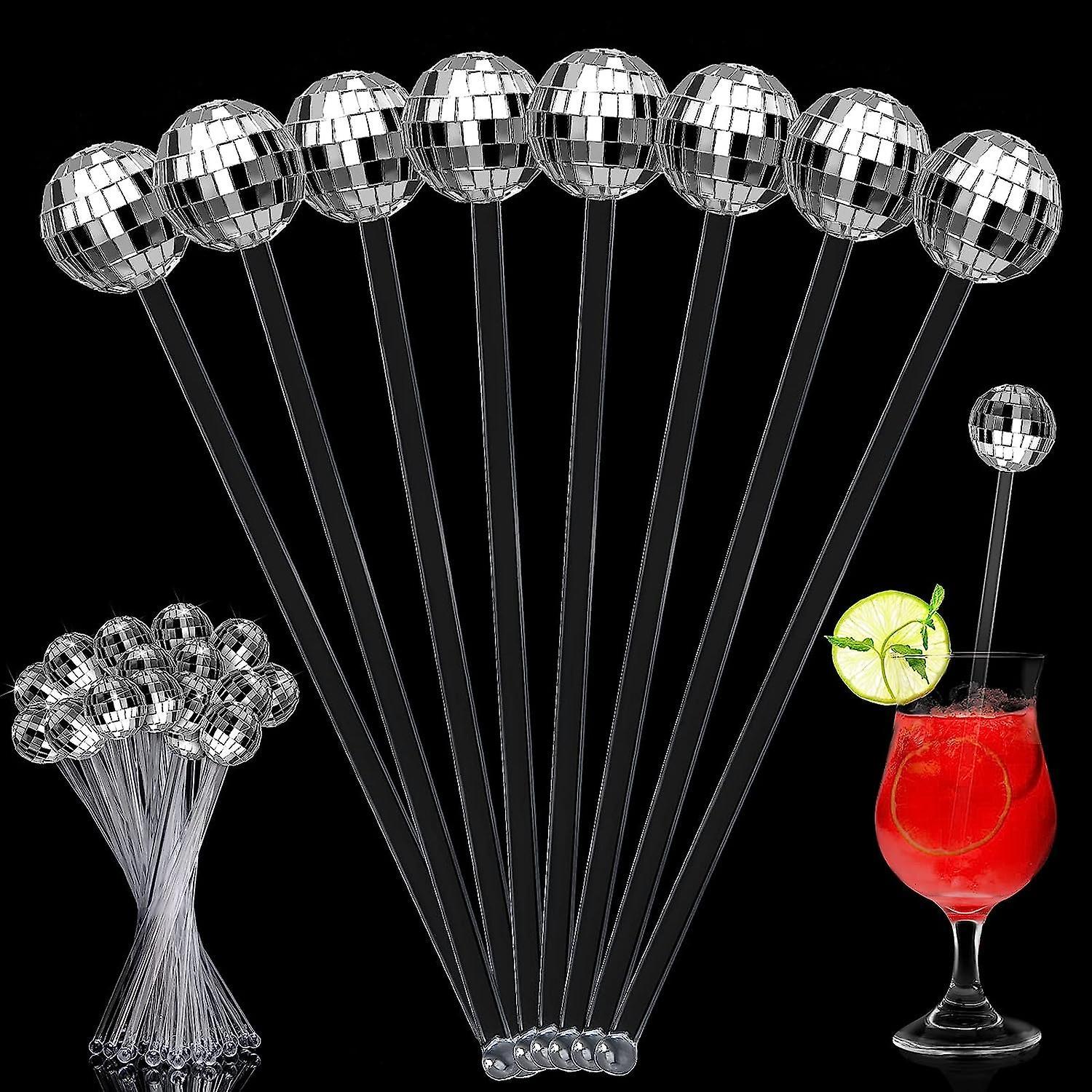 Frusde 12pcs Disco Ball Cocktail Stirrers, Cocktail Stirrers Sticks Mirror Disco, Plastic Round Top Swizzle Sticks Disco Party