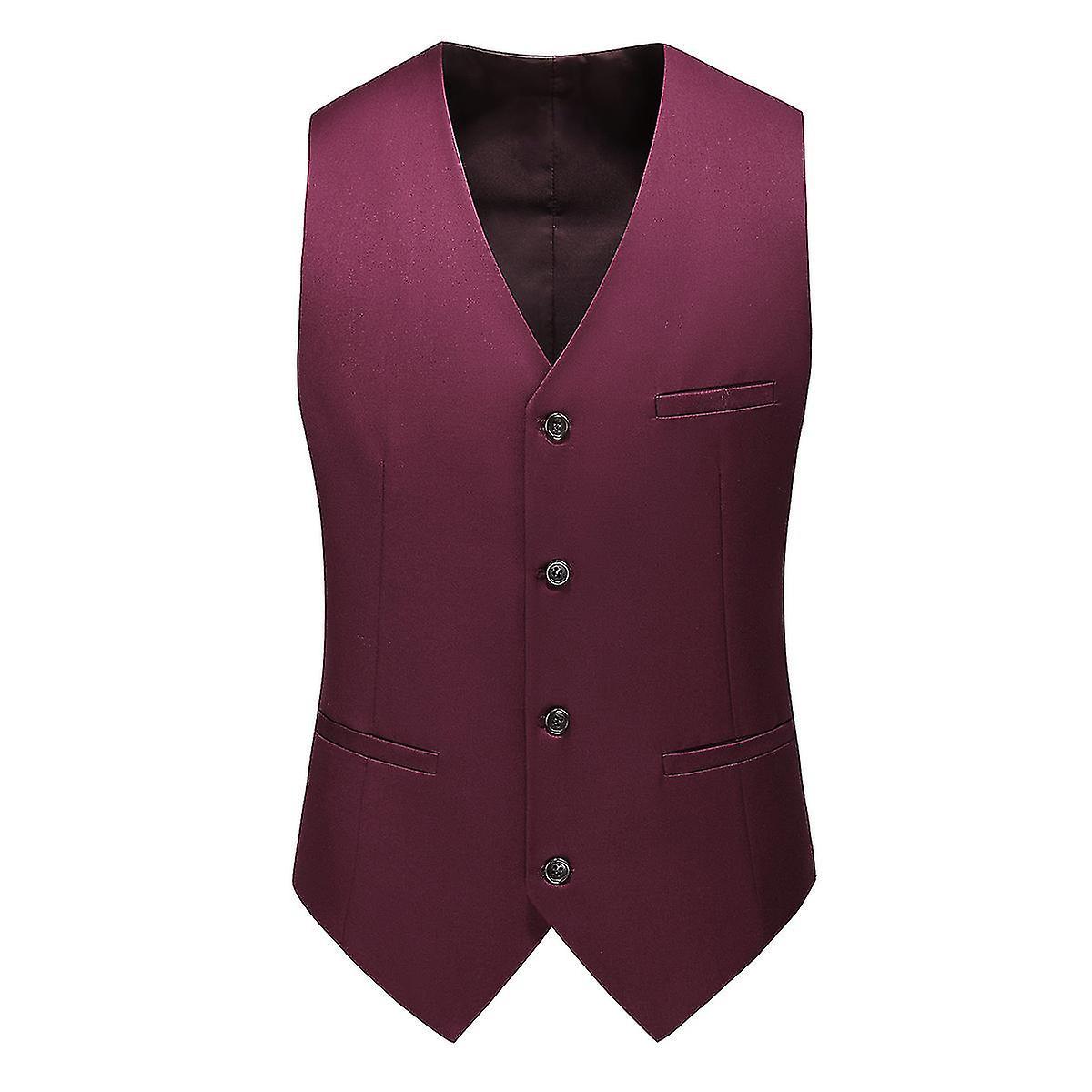 Allthemen Mens V-Neck Suit Vest Solid Color Wedding Business Vest Waistcoat Burgundy L