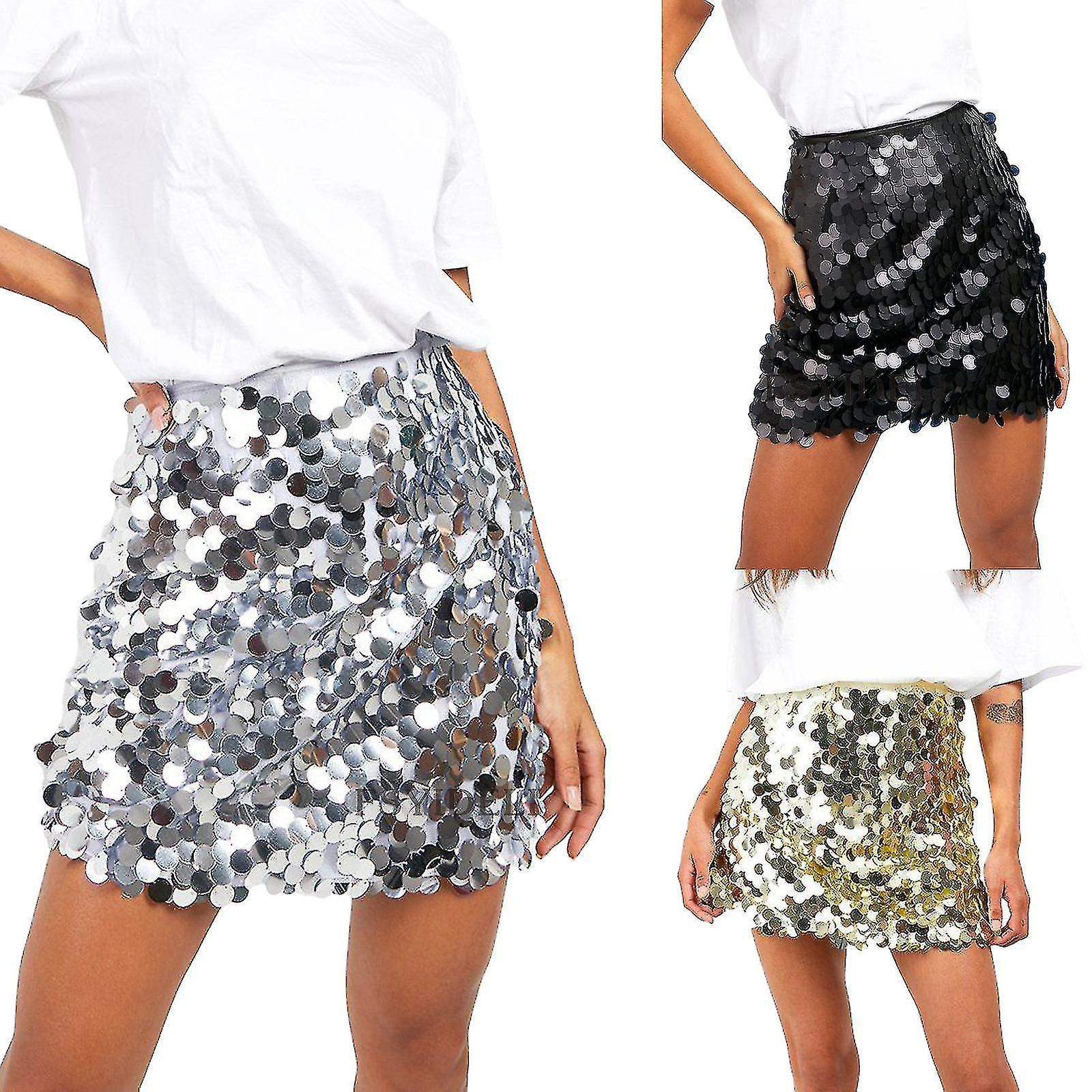 Sszfu Sequin Mini Skirt Glitter Bodycon Skirts Sparkly Hip Skirts Silver S