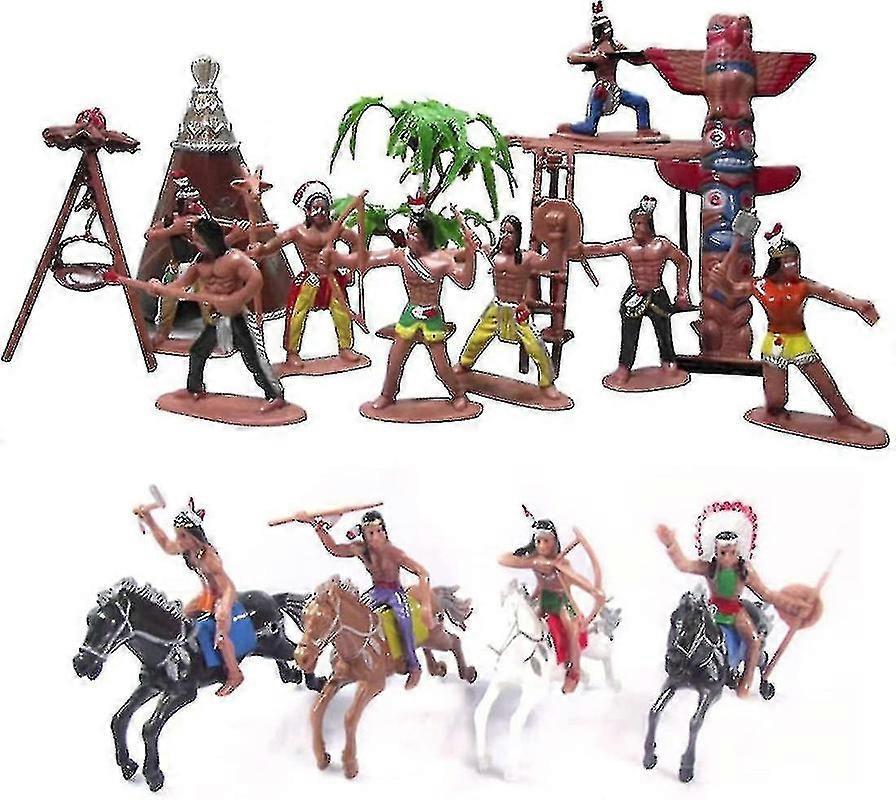 Pbb 21 Pcs Plastic Indian Figures Playset Toy Native American Figures With Horse, Tent, Totem Etc. Wild West Cowboy Miniature Kit Great For Kids Ch...