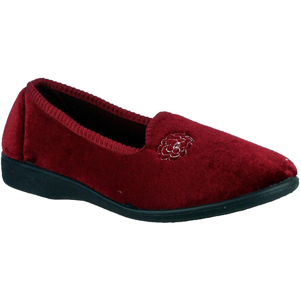 Mirak Ladies Simone Slip On Rose Embroidered Textile Slipper Red BURGUN UK Size 6 (EU 39)