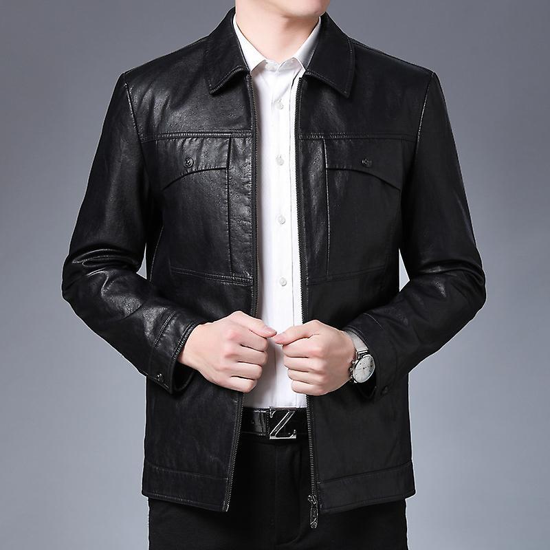 Yosicl S-7xl New Plus Size Stylish And Comfortable Washed Motorcycle Up Leather Casual And Versatile Lapel Business Slim Leather Jacket black