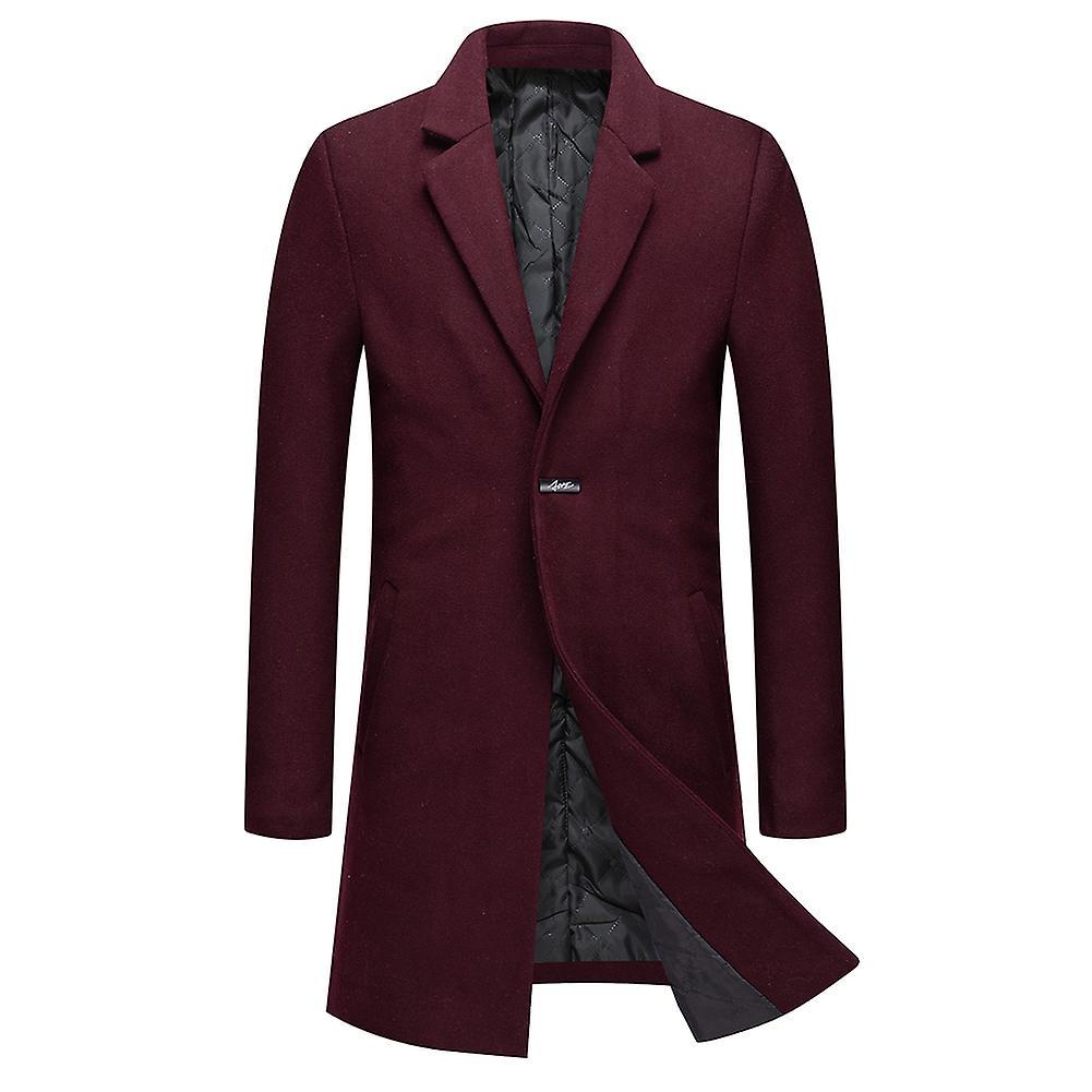 Allthemen Mens Woolen Button Down Slim Fit Long Fit Overcoat Wine Red XS