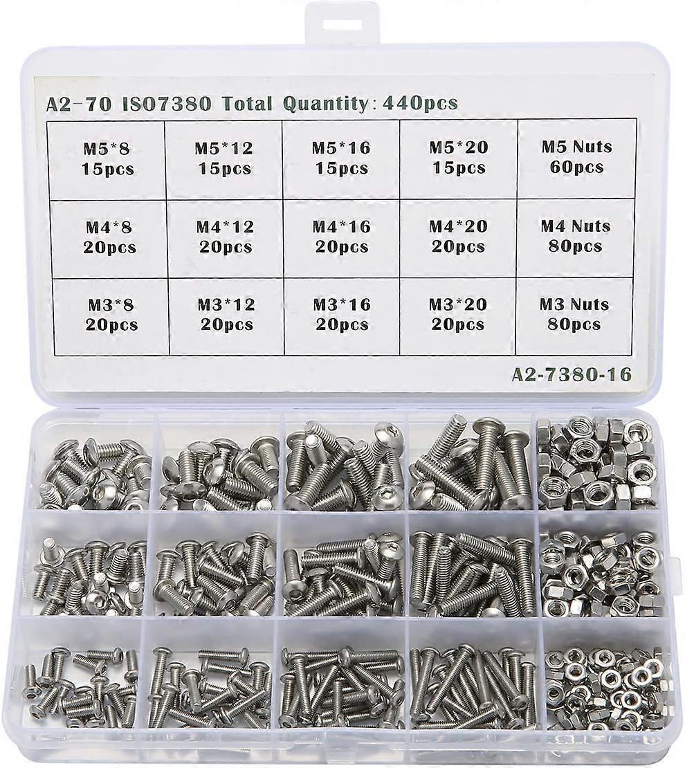 Augro Kit 440PCS M3 M4 M5 Stainless Steel Hex Head Button Socket Head Cable Bolts Screws Lock Nut Assortment Kit