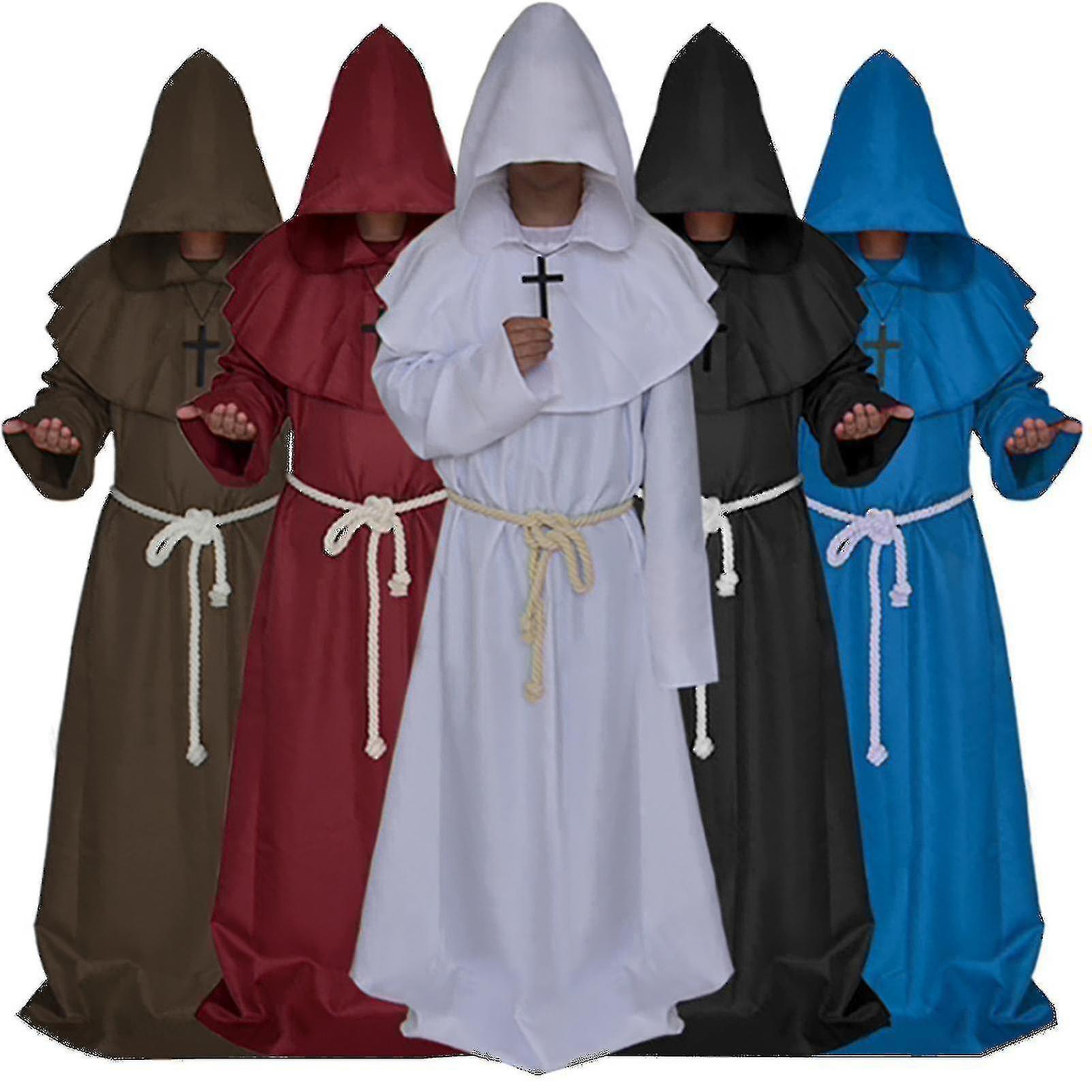 Ddyyhe Medieval Priest Costume  Adult Monk Hooded Robe Cloak Cape Authentic Friar Attire White XXL