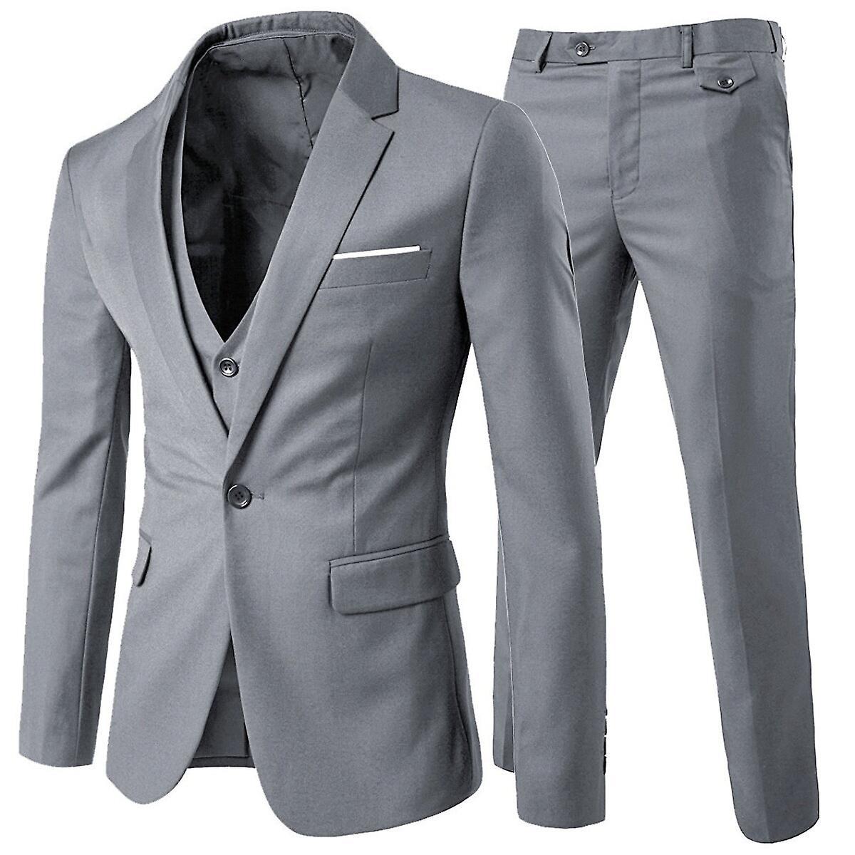 Allthemen Mens Suit 3-Piece Business Party Wedding Solid Color Notched Lapel Slim One-button Suit (Blazer + Vest + Pants) Grey M