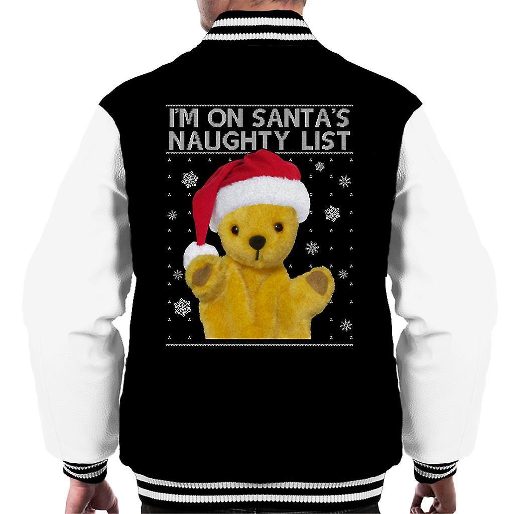 Sooty Christmas Im On Santas Naughty List Men's Varsity Jacket Black/White Large