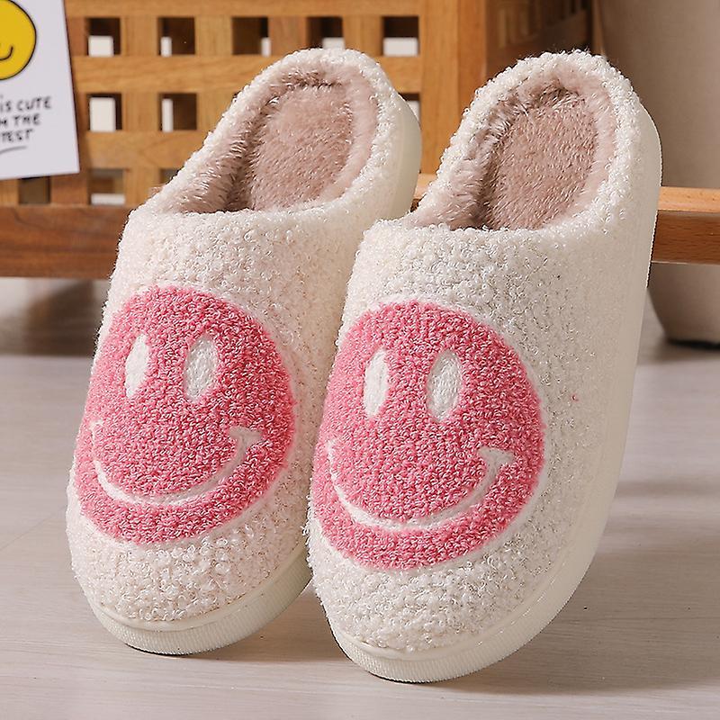 Nss Retro Smiling Face Soft Plush Comfy Warm Slip-on Slippers For Couples Winter Warm Indoor Supply Red 43-44