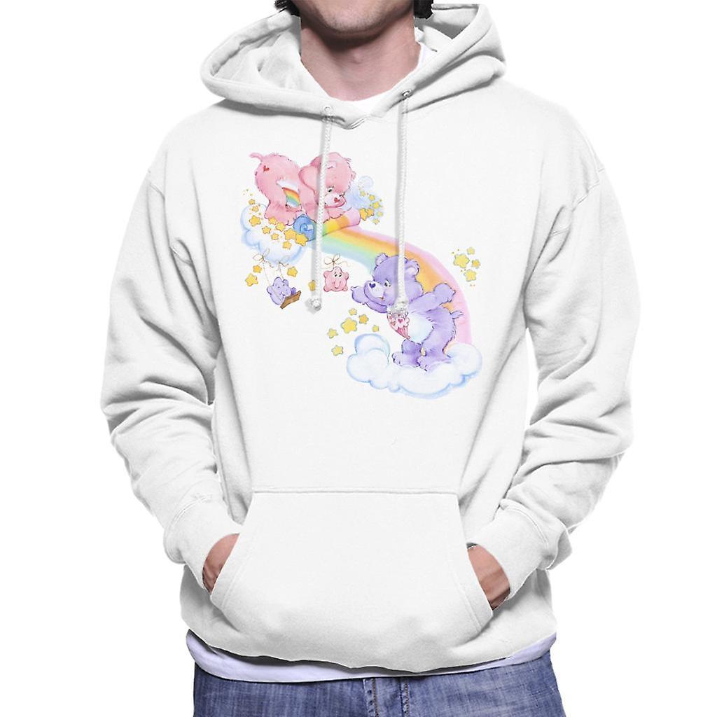 Care Bears Cheer Bear And Share Bear Unrolling A Rainbow Men's Hooded Sweatshirt White Large