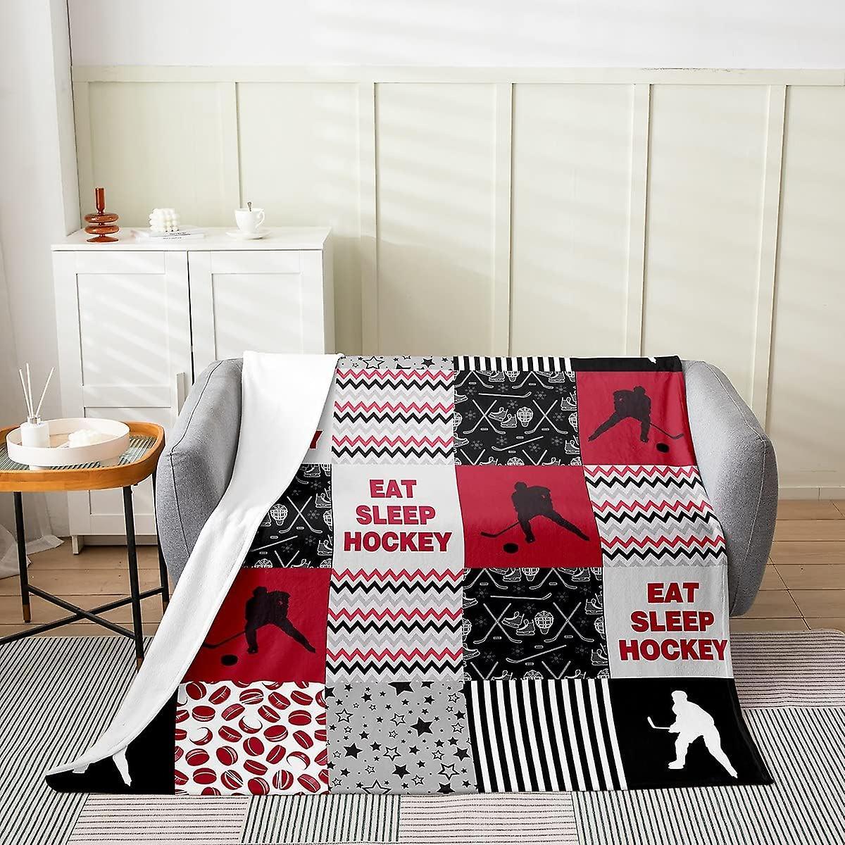 Kerota All Season Ice Hockey Bed Blanket Kids ,Hockey Player Hockey Punk Red Plaid Fleece Throw Blanket Fuzzy Blanket for Kids Boys Girls ,Microfib...