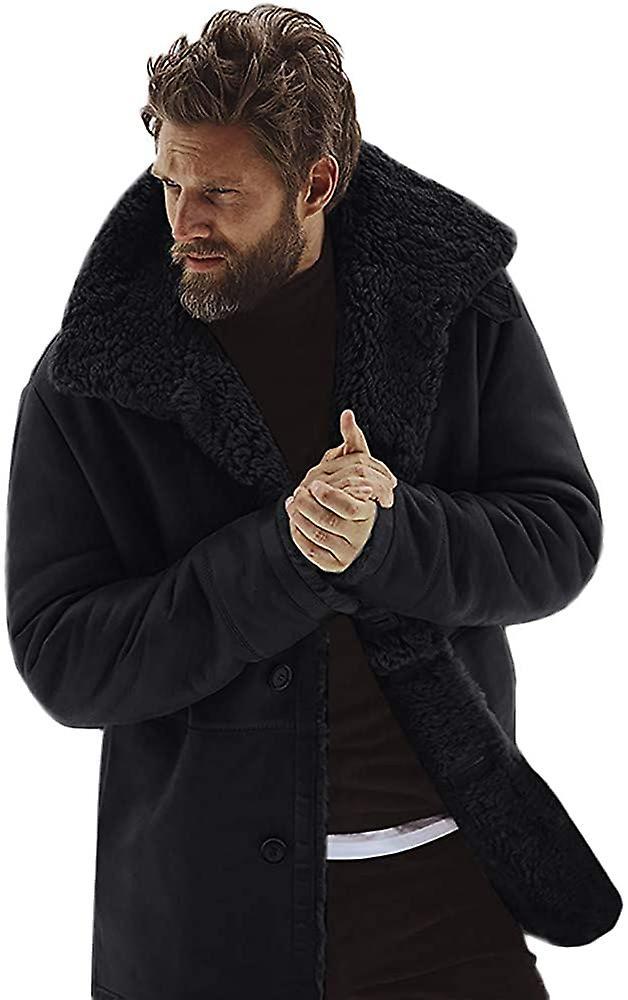 Le Contente Winter Men Fleece Lapel Jacket Warm Thick Coat Casual Stand Collar Outwear Black M