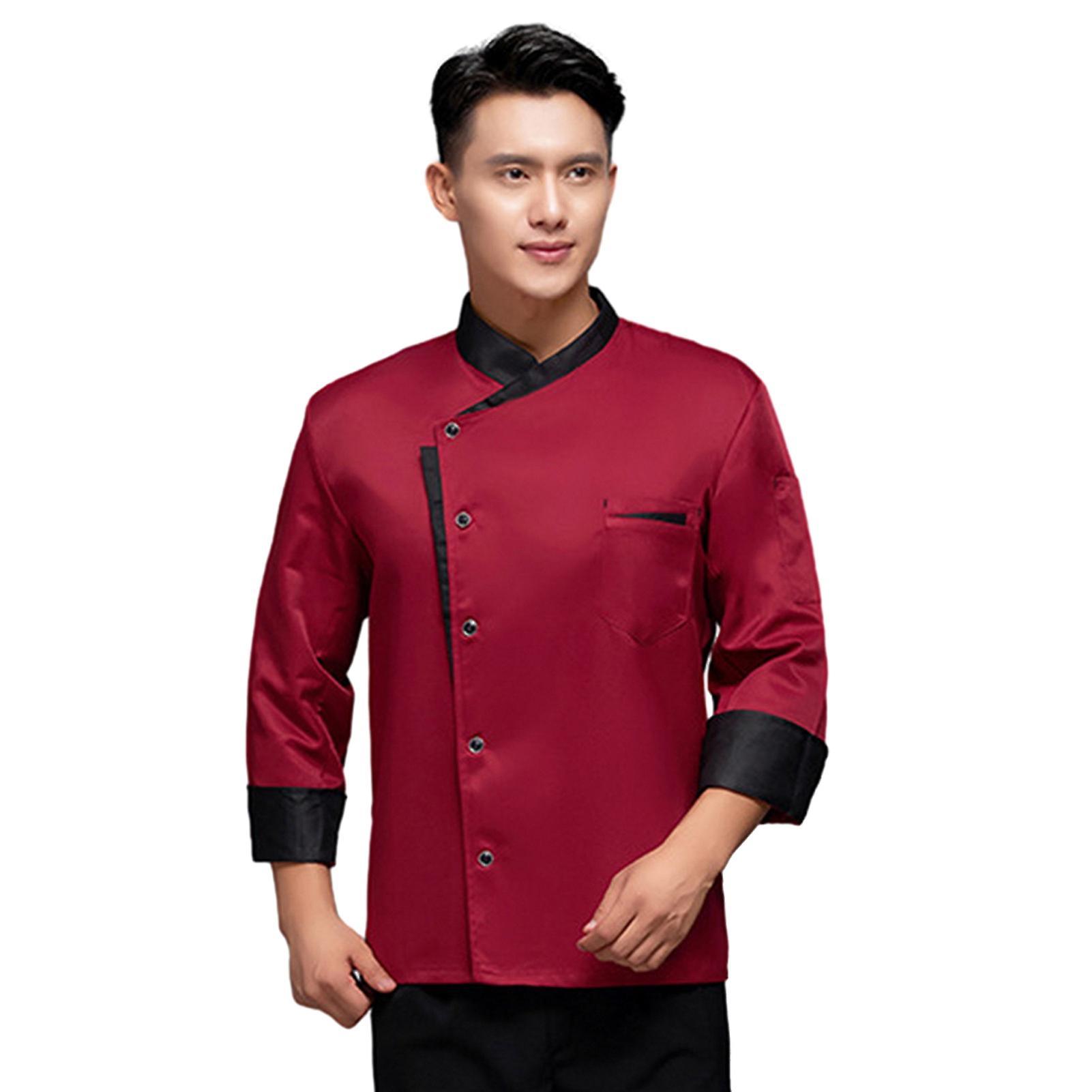 Naievear Fall Winter Chef Shirt Long Sleeve Loose Stand Collar Satin Single-breasted Pocket Solid Color Breathable Soft Unisex Kitchen Cook Shirt B...