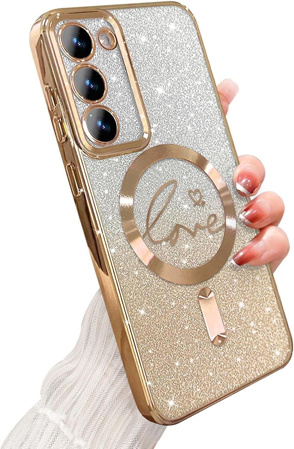 Wtowin For Samsung Galaxy S24 Case Magnetic, Plating Bling Gradient Glitter Phone Case, Compatible With Magsafe, Shockproof Cover Gold