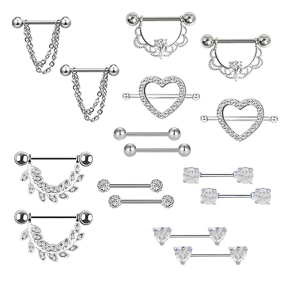 Sinknap 8 Pairs Heart Leaves Rhinestone Women Barbell Nipple Ring Body Piercing Jewelry Silver