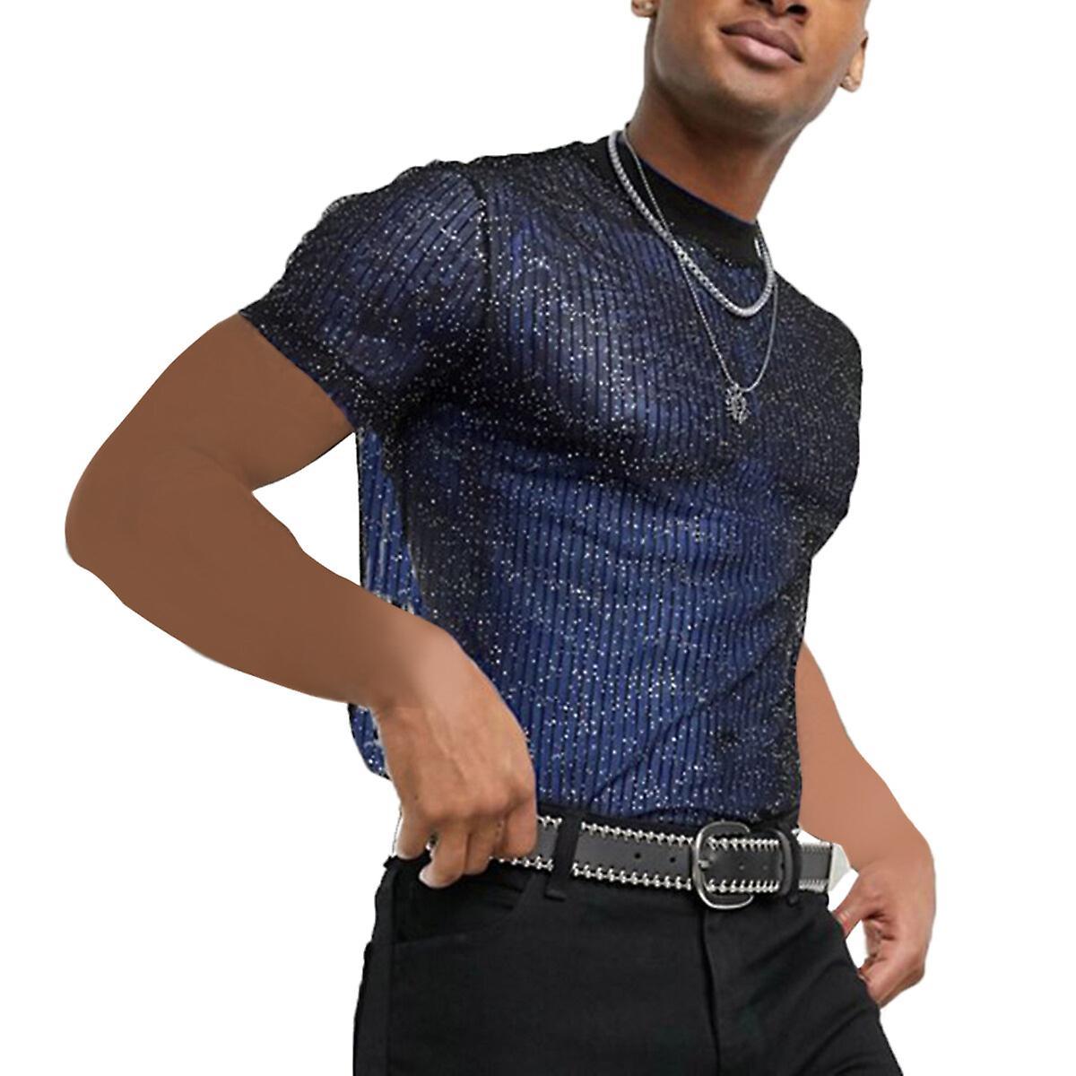 Sliktaa Mens Shiny Sequin Sheer Pullover Short Sleeve T-Shirt Blue M