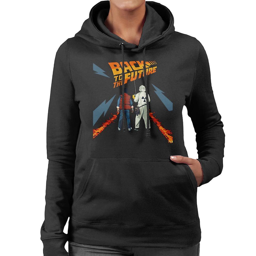 Back to the Future Delorean Fire Trail Marty And Doc Women's Hooded Sweatshirt Black Medium