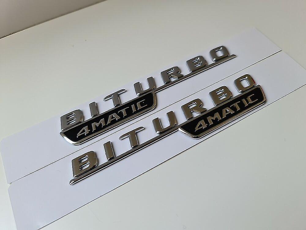 Acgiv Pair Of Biturbo 4matic Side Badge Emblem Silver Chrome For Mercedes Amg