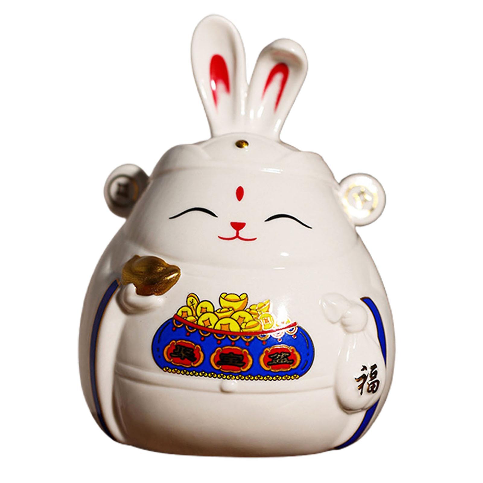 Reheyre New Year Ornament with Gift Box Cartoon Design Ceramic Desktop Rabbit Year Mascot Home Decor White