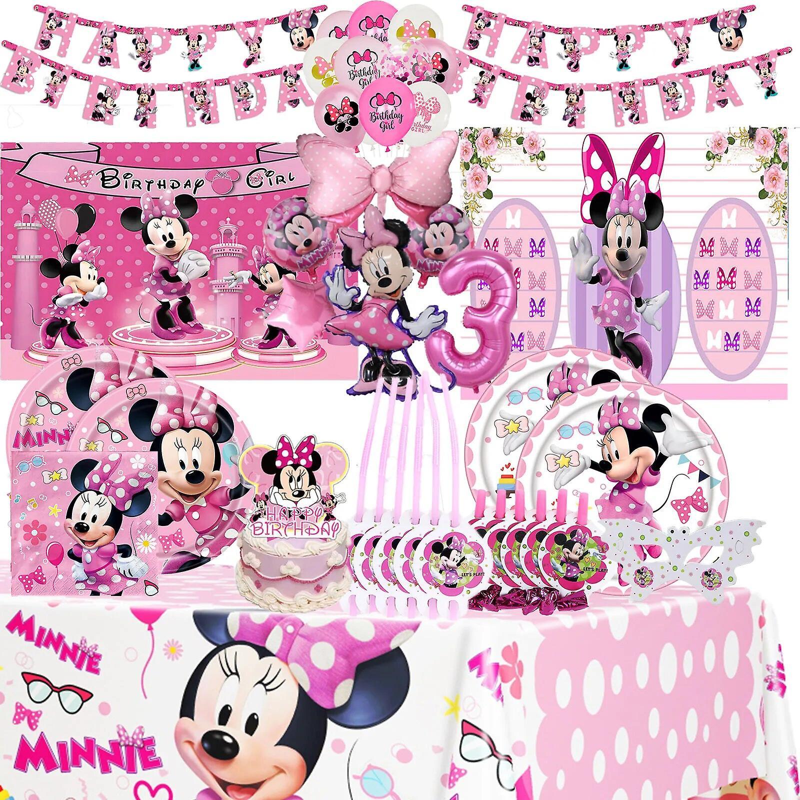 Duqi Minnie Mouse Birthday Party Decorations Girls Paper Plates Tableware Backdrop Minnie Ballnoons Baby Shower Party Supplies number ballnoon 3 12...