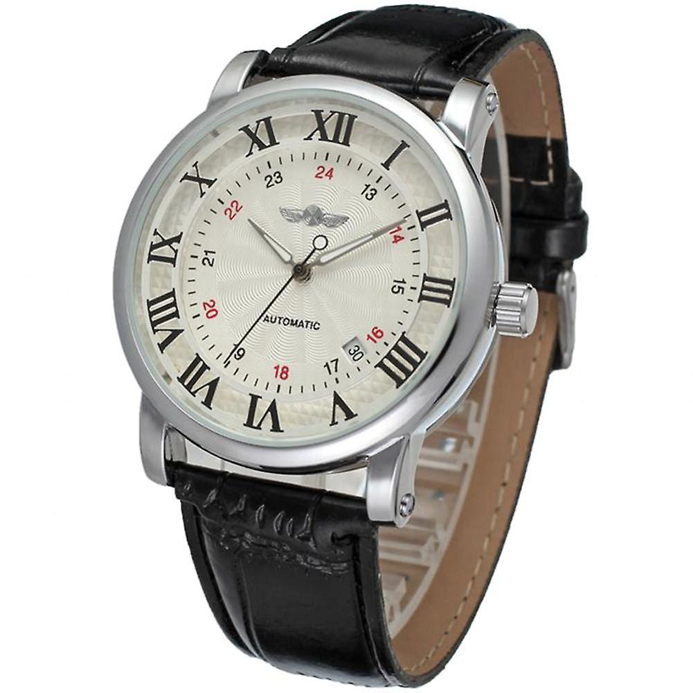 Automatic Men Watch Full Automatic Mechanical Men's Watch with PU Leather Band - Winner (White Dial, Black Numbers, Black Strap)