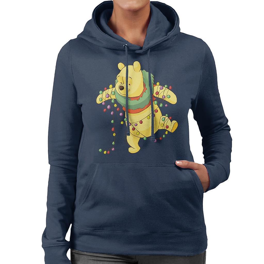 Disney Christmas Winnie The Pooh Tangled In Festive Lights Women's Hooded Sweatshirt Navy Blue XX-Large