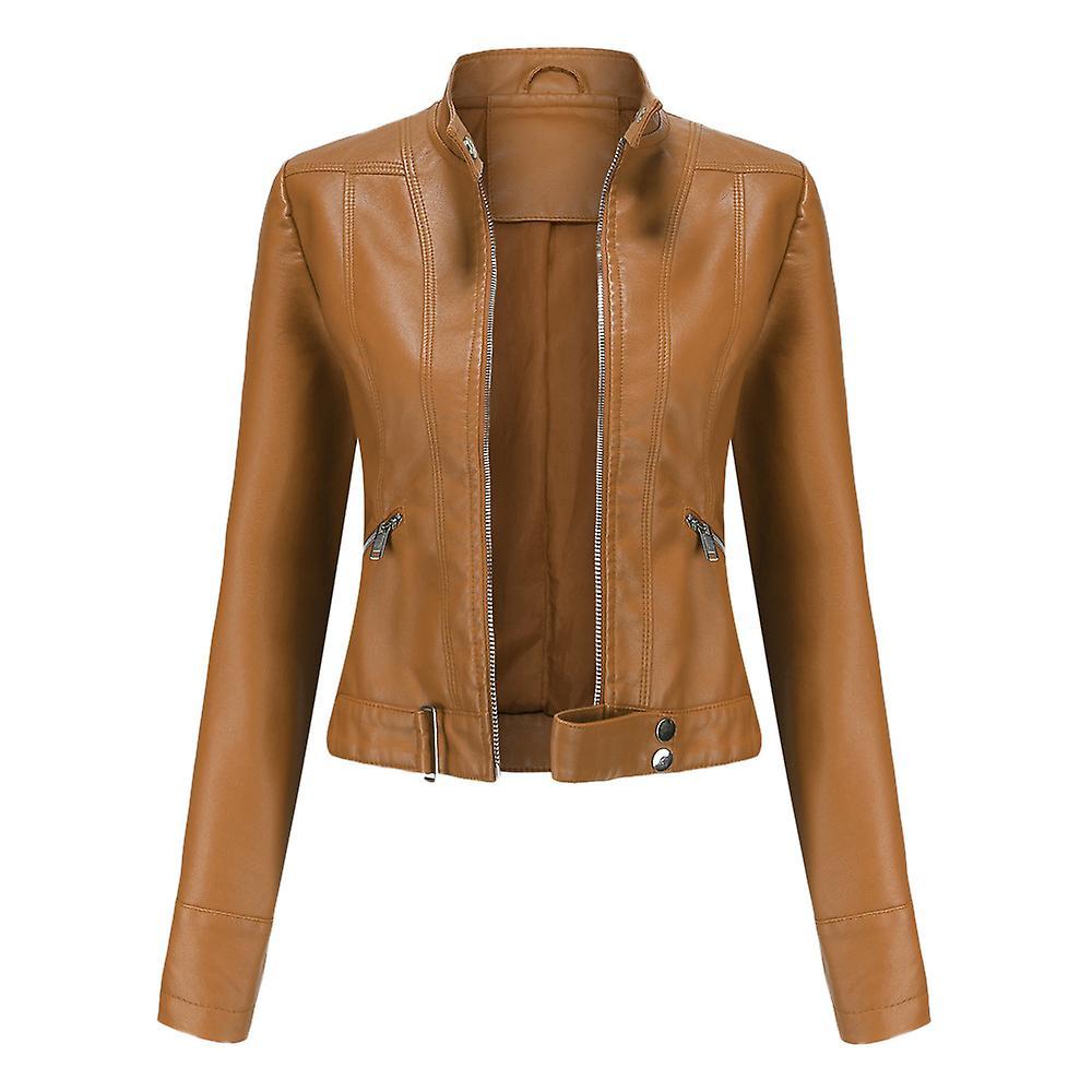 Boeyaa Women's Short Leather Jacket Spring Autumn Standing Collar Women's Leather Jacket M