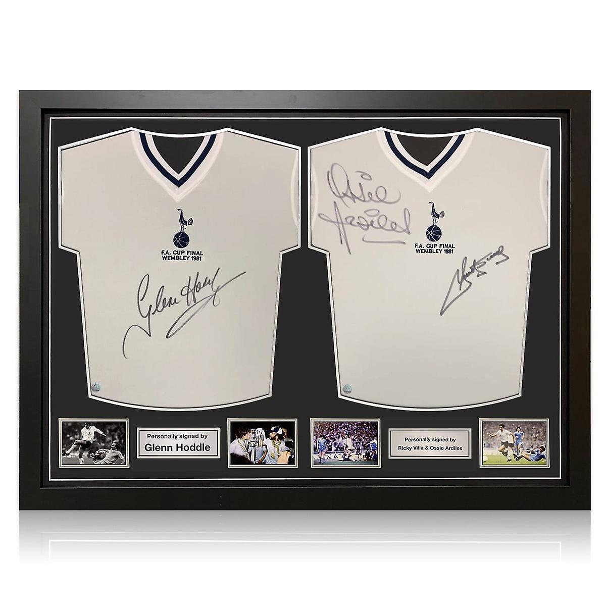 Exclusive Memorabilia Glenn Hoddle, Ossie Ardiles And Ricky Villa Signed Tottenham Hotspur 1981 Football Shirts. Dual Frame