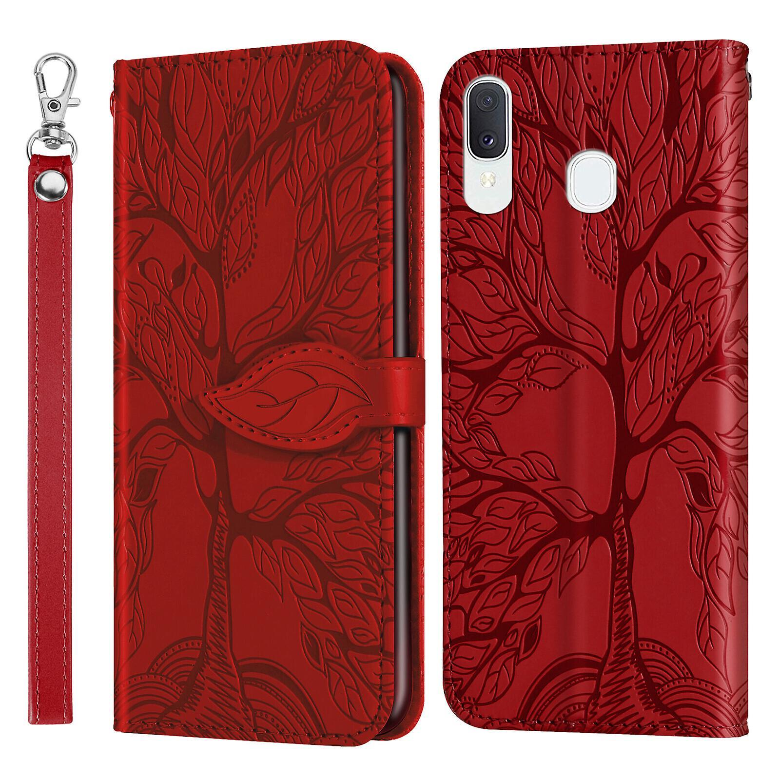 Gangxun Case For Samsung Galaxy A40 Kickstand Wrist Strap Flip Tree Embossed Pu Leather Cover Compatible With Samsung Galaxy A40 Case Red