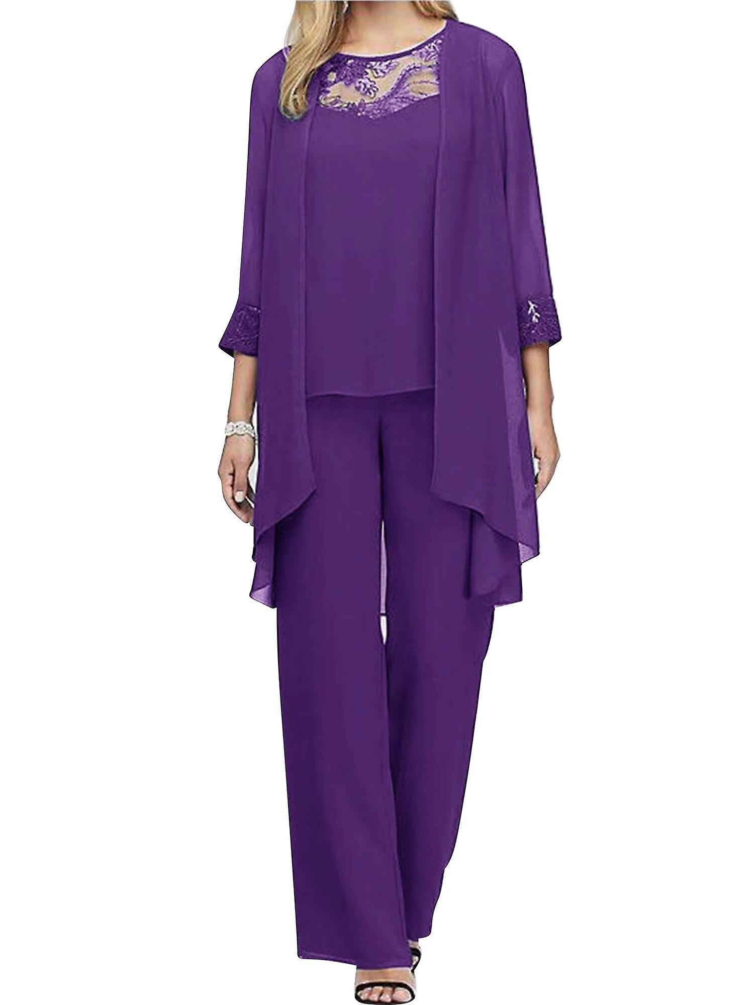 Aionyaaa Womens Party Chiffon 3-piece Outfits Tank Top 3/4 Sleeve Draped Cardigan And Straight Pants Suit Woman's Clothes Sets XXL Purple