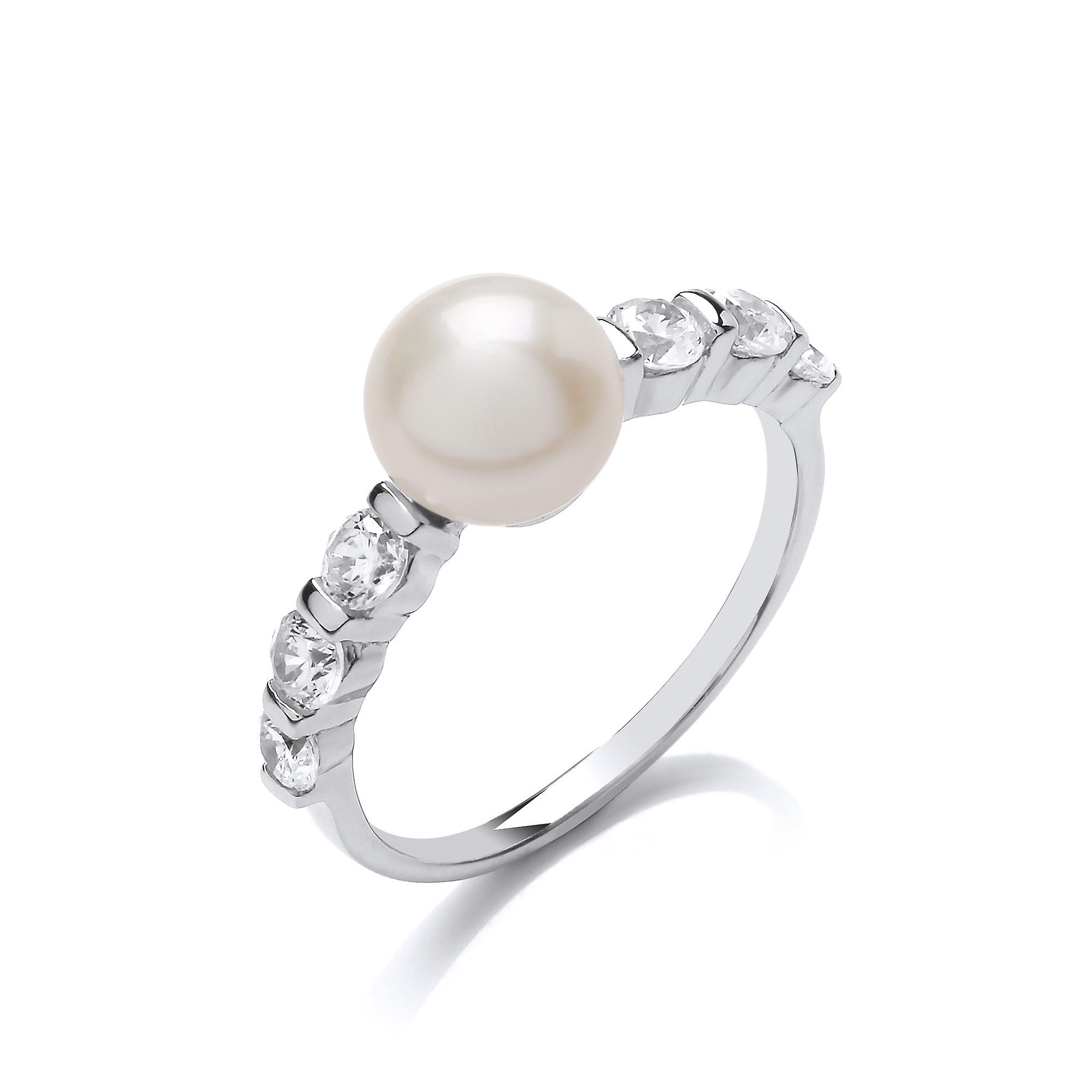 Silver CZ Pearl Full Moon Shoulder Set Dress Ring 8mm - GVR877