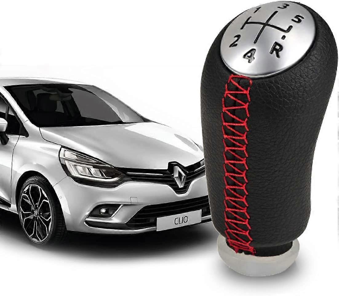 Linkrunning Clio 3 Gear Knob, Leather And Red Stitching, 5 Speed Gear Lever For Laguna/Megane 2 / Clio 3 / Clio 4 / Scenic/Kangoo