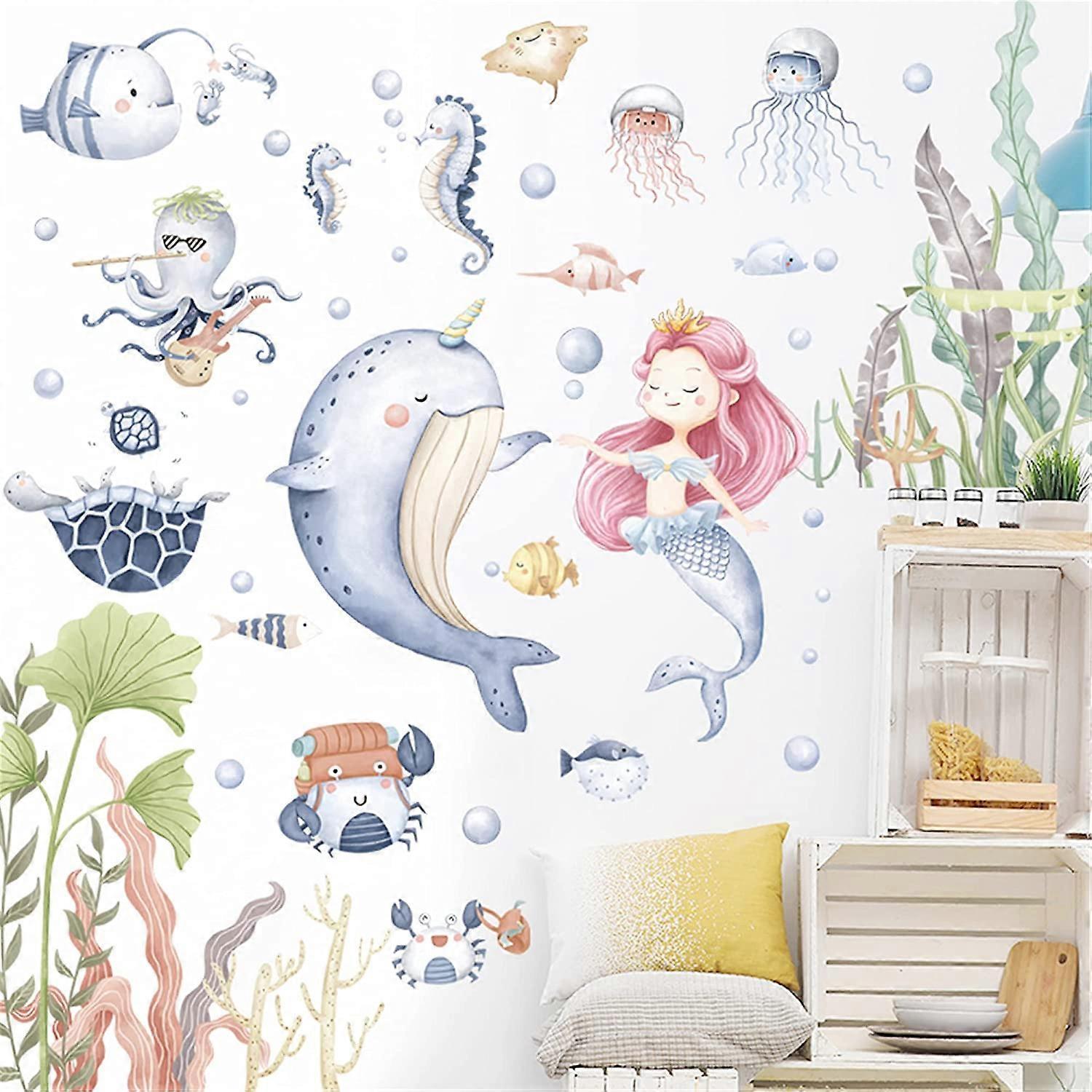 Liangnv Seabed Mermaid Wall Stickers Whale Sea Turtle Seahorse Jellyfish Fish Wall Stickers Living Room Bedroom Kid's Room Wall Art Decor Murals (S...